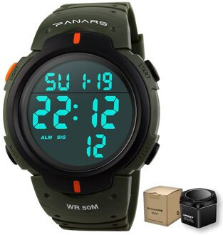 Outdoor Sport Horloge Mannen Grote Wijzerplaat Multifunctionele Digitale Horloge Voor Mannen 5ATM Waterdichte Horloges Wekker Reloj Hombre 1251 leger groen met doos