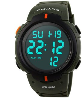 Outdoor Sport Horloge Mannen Grote Wijzerplaat Multifunctionele Digitale Horloge Voor Mannen 5ATM Waterdichte Horloges Wekker Reloj Hombre 1251 leger groen Watch