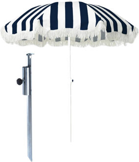 outdoor Strand / tuin / camping parasol - met metalen grondharing - blauw/wit - D180 cm - verstelbaar