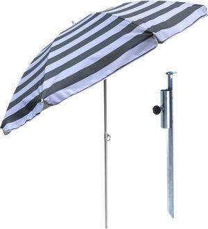 outdoor Strand / tuin / camping parasol - met metalen grondharing - grijs/wit - D180 cm - verstelbaar