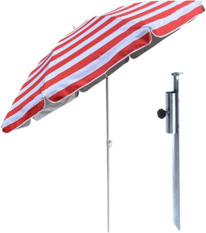 outdoor Strand / tuin / camping parasol - met metalen grondharing - rood/wit - D180 cm - verstelbaar