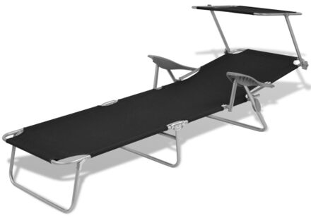 Outdoor Sun Lounger with Canopy Black Steel 58x189x27 cm
