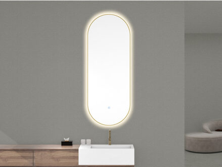 Ovale Spiegel BWS Mino met Dimbare LED Verlichting en Spiegelverwarming 50 x 100 cm Geborsteld Messing Goud