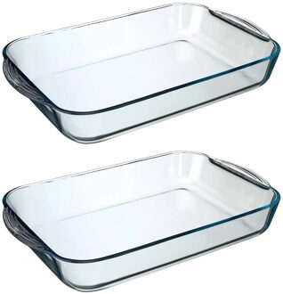 Ovenschaal rechthoek - 2x stuks - Transparant - Geglazuurd glas - 40 x 25 x 6 cm - 6 liter