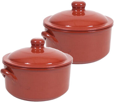Ovenschaal/stoofpot - 2x - Oviedo - aardewerk - D25 x H18 cm - met deksel - bruin
