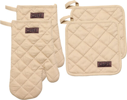 Ovenwant set met pannenlap - 2x - beige - katoen - 18 x 28 cm - chef - keukenbenodigdheden