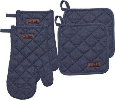 Ovenwant set met pannenlap - 2x - blauw - katoen - 18 x 28 cm - chef - keukenbenodigdheden