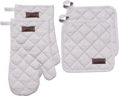 Ovenwant set met pannenlap - 2x - lichtgrijs - katoen - 18 x 28 cm - chef - keukenbenodigdhe