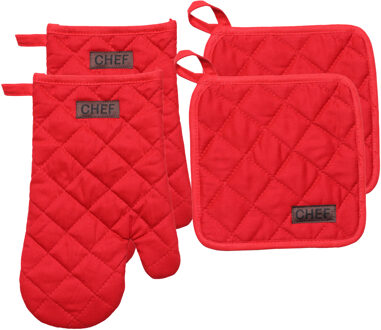 Ovenwant set met pannenlap - 2x - rood - katoen - 18 x 28 cm - chef - keukenbenodigdheden