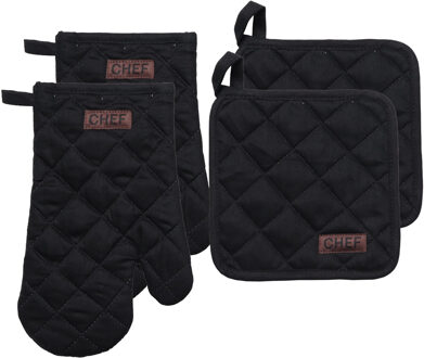 Ovenwant set met pannenlap - 2x - zwart - katoen - 18 x 28 cm - chef - keukenbenodigdheden