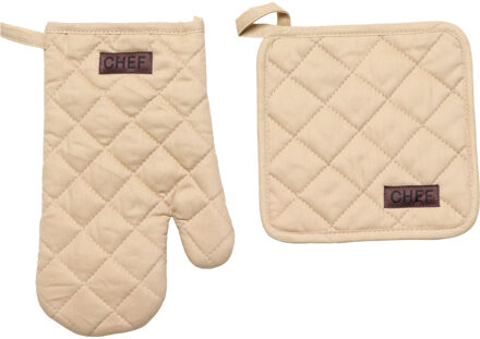 Ovenwant set met pannenlap - beige - katoen - 18 x 28 cm