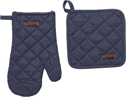 Ovenwant set met pannenlap - blauw - katoen - 18 x 28 cm - chef - keukenbenodigdheden