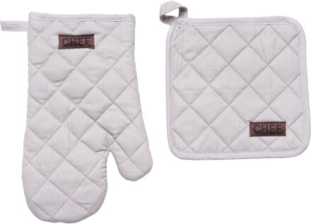 Ovenwant set met pannenlap - lichtgrijs - katoen - 18 x 28 cm - chef - keukenbenodigdheden
