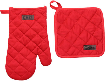 Ovenwant set met pannenlap - rood - katoen - 18 x 28 cm