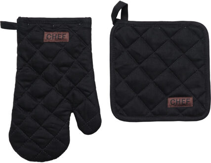 Ovenwant set met pannenlap - zwart - katoen - 18 x 28 cm