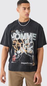 Oversized Acid Wash Gebleekt Schedel T-Shirt Met Brede Nek, Black - XS