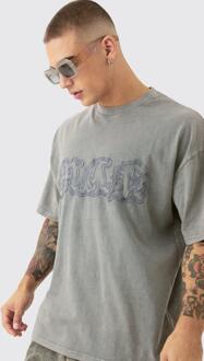 Oversized Acid Wash Man Embroidered Distressed T-Shirt, Taupe
