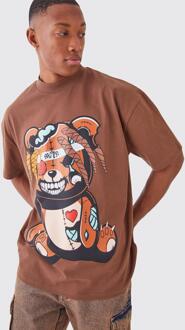 Oversized Angry Teddy T-Shirt Met Brede Nek, Chocolate - S