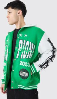 Oversized Applique Basketball Jersey Varsity Jacket, Green - M