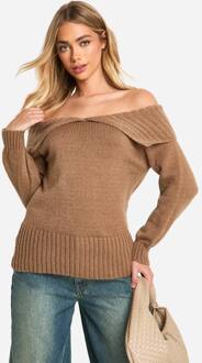 Oversized Bardot Gebreide Kraag Trui, Mocha