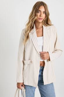 Oversized Blazer Met Pinstripe Knoopdetail, Beige - 42