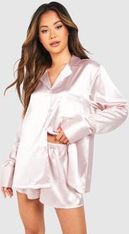 Oversized Blush Satin Short Pyjama Set, Pink - 10