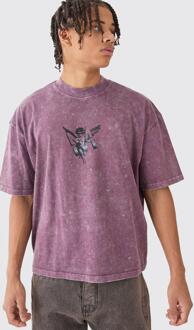 Oversized Boxy Acid Wash Gebleekt M T-Shirt Met Print En Brede Nek, Purple - L