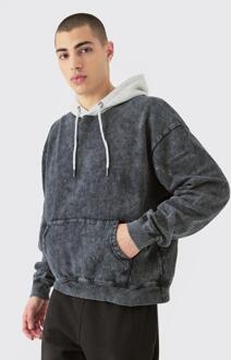Oversized Boxy Acid Wash Hoodie With Contrast Hood, Charcoal - L