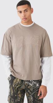 Oversized Boxy Faux Layer Embroidered T-Shirt, Taupe - M