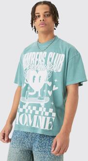 Oversized Boxy Raw Hem Members Club Heart Wash T-Shirt, Green - XS