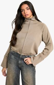 Oversized Boxy Sweatshirt Met Trechterkraag En Ritssluiting, Washed Khaki - XS
