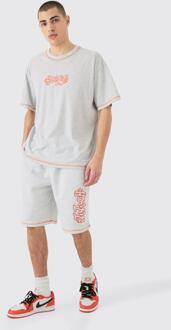 Oversized Contrast Stitch Applique T-Shirt & Short Set, Ash Grey - XL