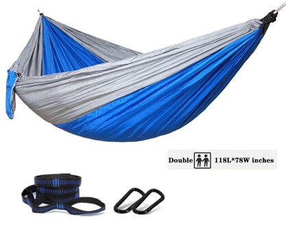 Oversized Dubbele Camping Hangmat, Draagbare Boom Bandjes Hangmat, 210T Nylon Reizen Hangmat, Lichtgewicht Parachute Hangmatten grijs en blauw