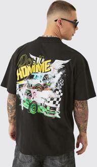 Oversized Extended Neck Race Car Graphic T-Shirt, Black - XS