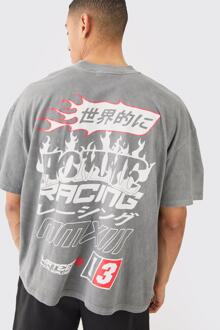 Oversized Gebleekt Racing T-Shirt Met Vlammen Print, Charcoal - L