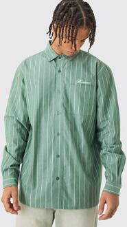 Oversized Geborduurd Gestreept Overhemd Met Lange Mouwen, Green