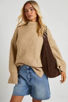 Oversized Gebreide Trui Met Hoge Hals, Oatmeal - S