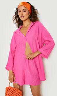 Oversized Gekreukeld Overhemd Met Textuur En Shorts Set, Hot Pink - 36