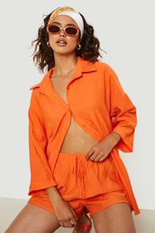 Oversized Gekreukeld Overhemd Met Textuur En Shorts Set, Orange - 36
