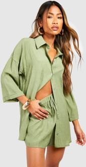 Oversized Gekreukeld Overhemd Met Textuur En Shorts Set, Sage - 36