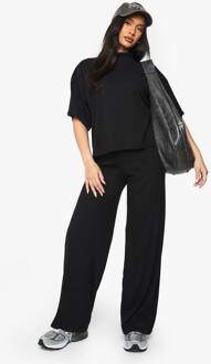Oversized Geribbelde Top Met Korte Mouwen & Wijde Pijp Broek Set, Black - 38