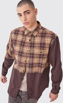 Oversized Gesplitst Geruit Keperstof Overhemd, Brown - M