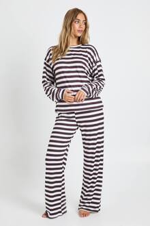 Oversized Gestreept T-Shirt Met Lange Mouwen En Pajamaset Met Wijde Pijpen, Chocolate - 40
