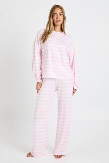 Oversized Gestreepte T-Shirt Met Lange Mouwen En Pyjama-Set Met Wijde Pijpen, Light Pink - 38