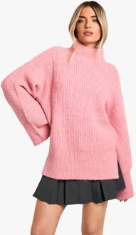 Oversized Hoge Hals Gebreide Trui, Pink - M