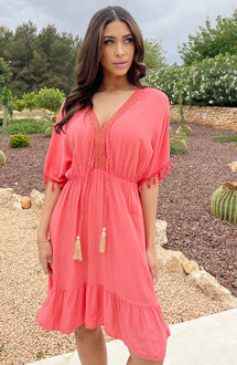 Oversized Jurk Gouden Detail Koraal Koraalrood