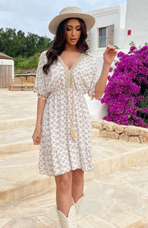 Oversized Jurk Gouden Detail Print Beige