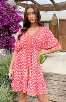 Oversized Jurk Gouden Detail Print Koraal Koraalrood