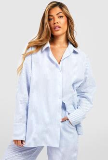 Oversized Katoenen Pyjama Blouse Met Krijtstrepen, Blue - 44