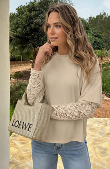 Oversized Lace Sleeve T-shirt Beige